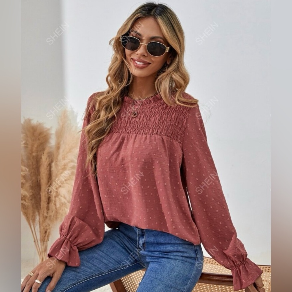 A04 NEW Swiss Dot Redwood Smocked Top Shirred Flounced Long Sleeve Blouse Small